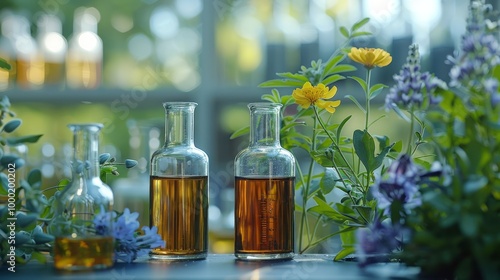 Natural organic botany and scientific glassware, Alternative herb medicine, Natural skin care beauty products, Research and development concept. 