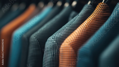 A selection of stylish suits in various colors and patterns neatly arranged on hangers in a store rack, showcasing elegant fashion choices for professional attire. photo