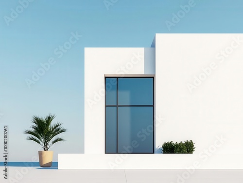 Minimalist bank facade with smooth white walls, large rectangular windows, and a flat roof, Modernist design, clean lines, soft shadows