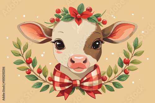 Adorable Festive Cow Illustration with Holly and Berries