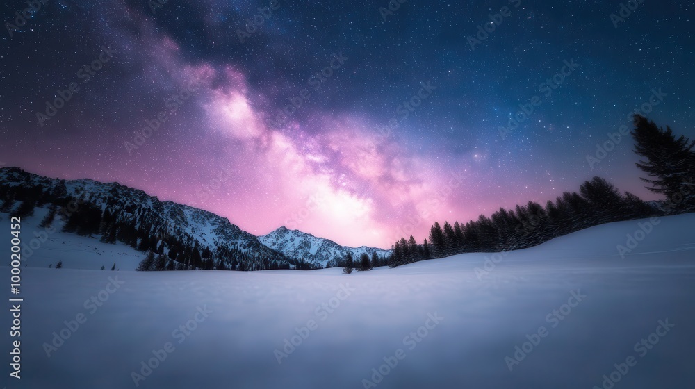 The image captures the vast snowy plains stretching under the colorful Milky Way and a starlit sky, embodying the awe-inspiring and tranquil essence of nature at night. The image captures the vast snowy plains stretching under the colorful Milky Way and a starlit sky, embodying the awe-inspiring and tranquil essence of nature at night.