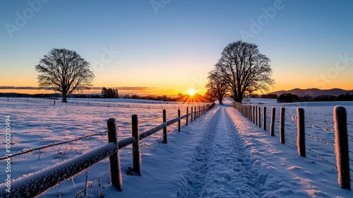 A rural landscape where frost covers everything in sight, from fences to trees, under a pale blue sky as the sun rises slowly