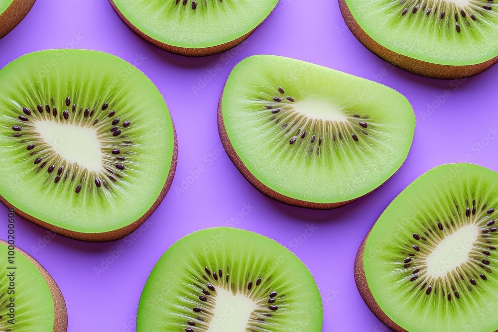 Fototapeta premium Kiwi slices, colorful seamless 3D pattern, bright green on a lavender background