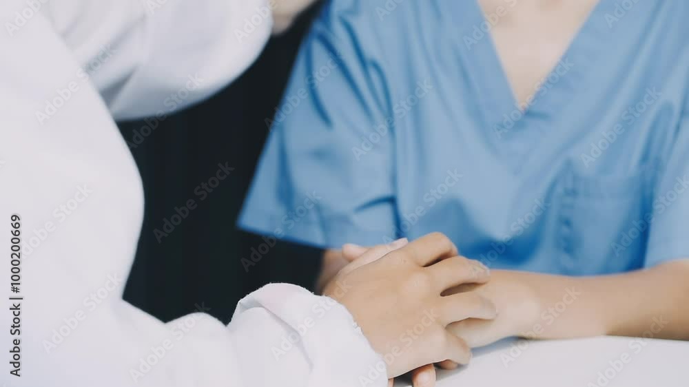 Doctor holds hands and leaves comforting counselors to patient. Doctor holds hands and leaves comforting counselors to patient.