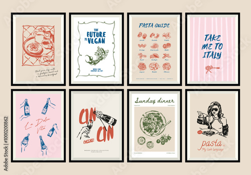Minimal hand drawn vector dolce vita illustration set with aesthetic quote in a poster frame. Food and beverage doodles. Matisse style illustrations.