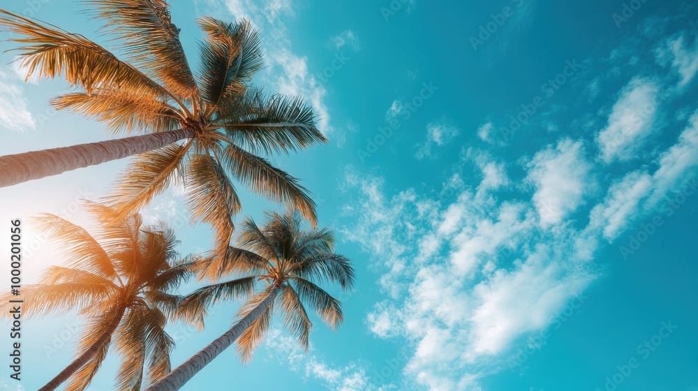 A serene image depicting tall palm trees with their fronds spread out under a clear blue sky, bathed in sunlight, evoking a sense of calm and relaxation on a sunny day. A serene image depicting tall palm trees with their fronds spread out under a clear blue sky, bathed in sunlight, evoking a sense of calm and relaxation on a sunny day.