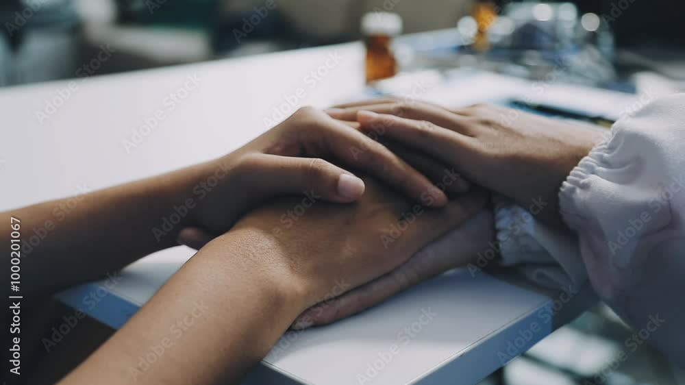 Doctor holds hands and leaves comforting counselors to patient. Doctor holds hands and leaves comforting counselors to patient.