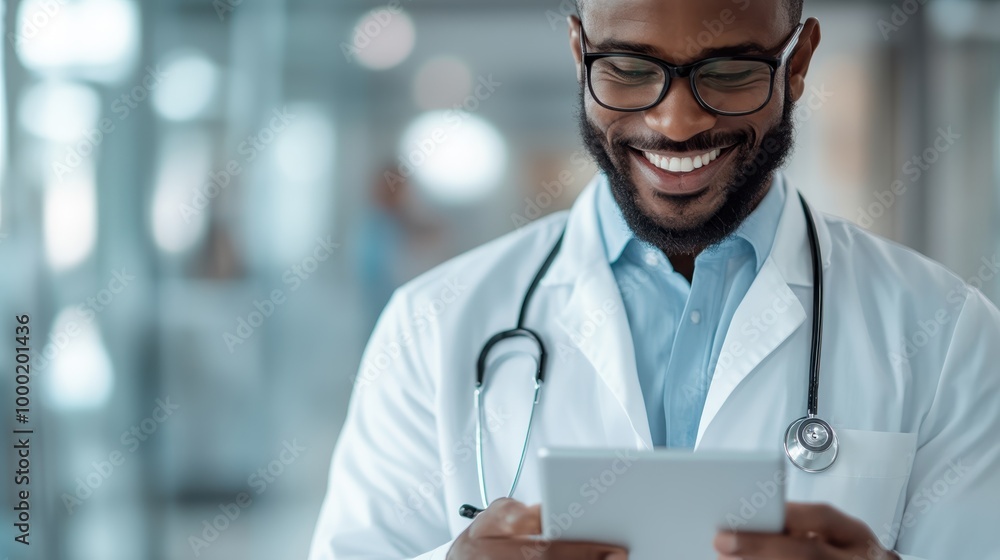 A happy male doctor with glasses and a stethoscope uses a digital tablet in a hospital setting, symbolizing modern healthcare and communication technology. A happy male doctor with glasses and a stethoscope uses a digital tablet in a hospital setting, symbolizing modern healthcare and communication technology.