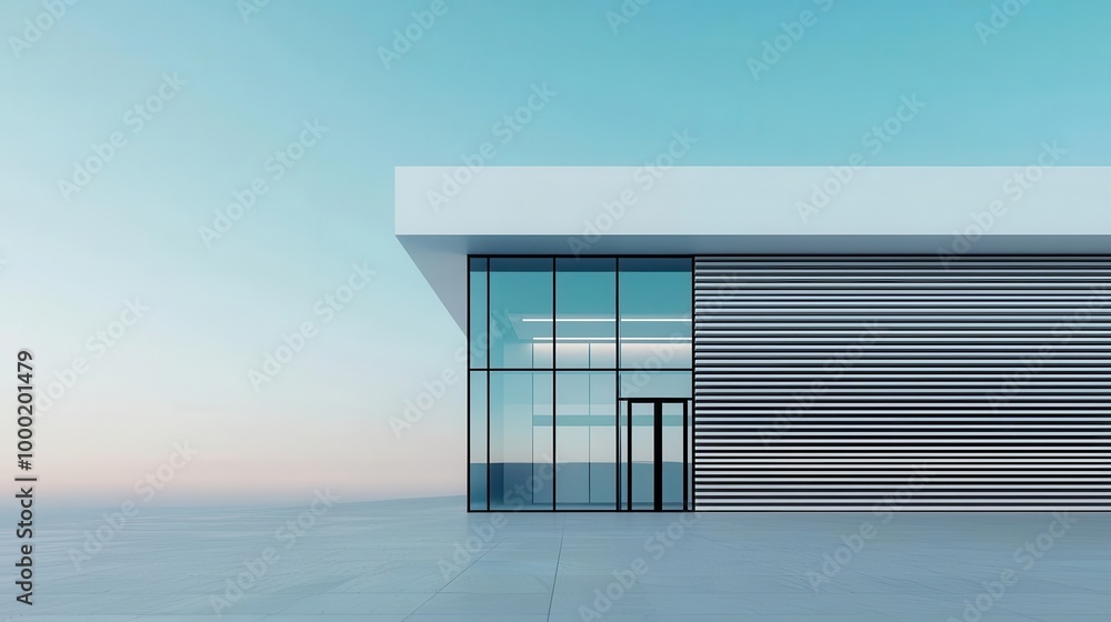 Fototapeta premium Minimalist bank facade with horizontal slatted panels, large seamless glass windows, and a flat roof, Modern design, neutral colors, soft natural light