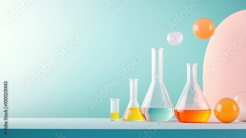 A laboratory bench covered with beakers, flasks, and other glassware, showcasing a range of chemical experiments in progress.