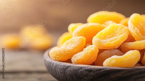 A bowl of dried apricots displayed on a rustic wooden table under natural light, emphasizing the wholesome and vibrant appearance of the apricots in a natural context. photo