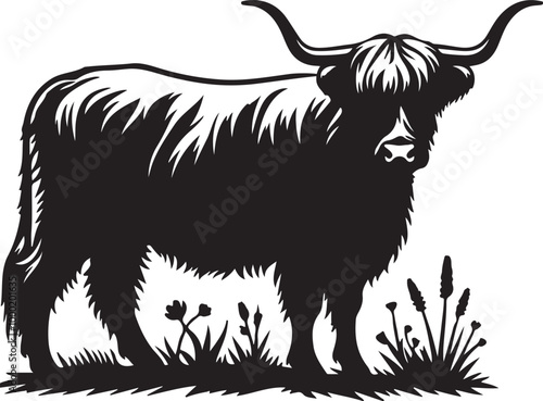 Highland cow silhouette design vector art illustration.