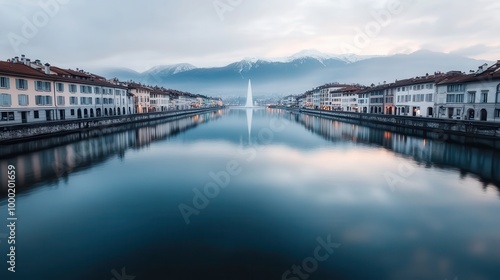 A serene view of a calm river flanked by rows of buildings and distant hills, captured with the reflections on the water and misty mountains in the background.