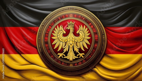 Emblem of Germany on the background of the fluttering flag of Germany.  photo