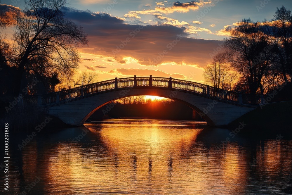 Fototapeta premium Stone Bridge Over River at Sunset with Silhouetted Trees