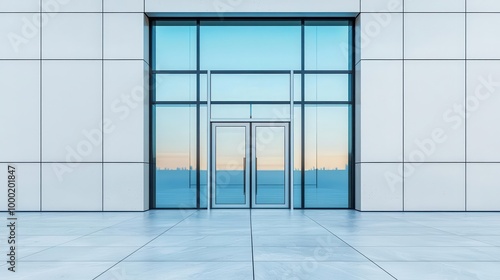 Sleek bank exterior with large glass walls and a clean metallic frame, Minimalist, sharp lines, high resolution, cool tones