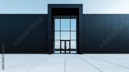 Modern bank building with smooth black walls, large seamless glass windows, and simple signage, Minimalist industrial, high contrast, sharp details