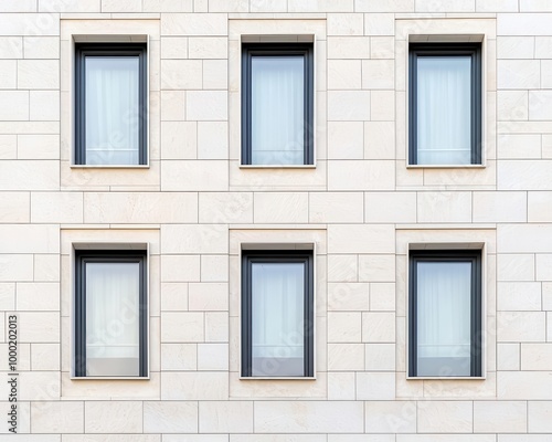 Bank building facade with smooth white stone, simple rectangular windows, and minimal lighting, Contemporary minimalism, soft natural light, crisp edges