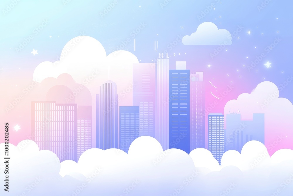 cute art of modern cityscape with skyscrapers and tall buildings with shiny stars and fluffy clouds against pastel color sky cute art of modern cityscape with skyscrapers and tall buildings with shiny stars and fluffy clouds against pastel color sky