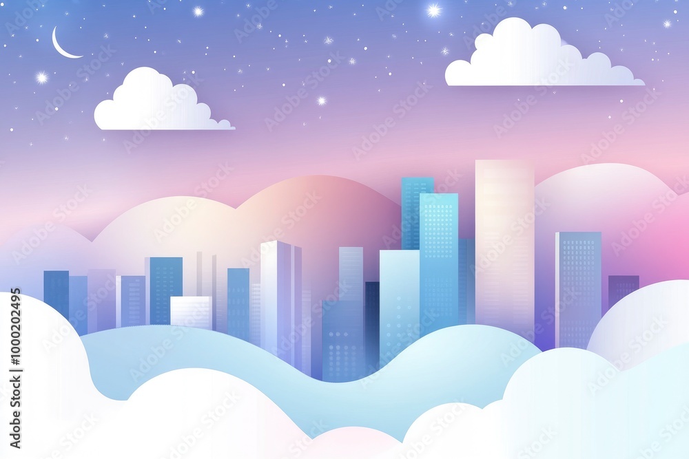 cute art of modern cityscape with skyscrapers and tall buildings with shiny stars and fluffy clouds against pastel color sky cute art of modern cityscape with skyscrapers and tall buildings with shiny stars and fluffy clouds against pastel color sky