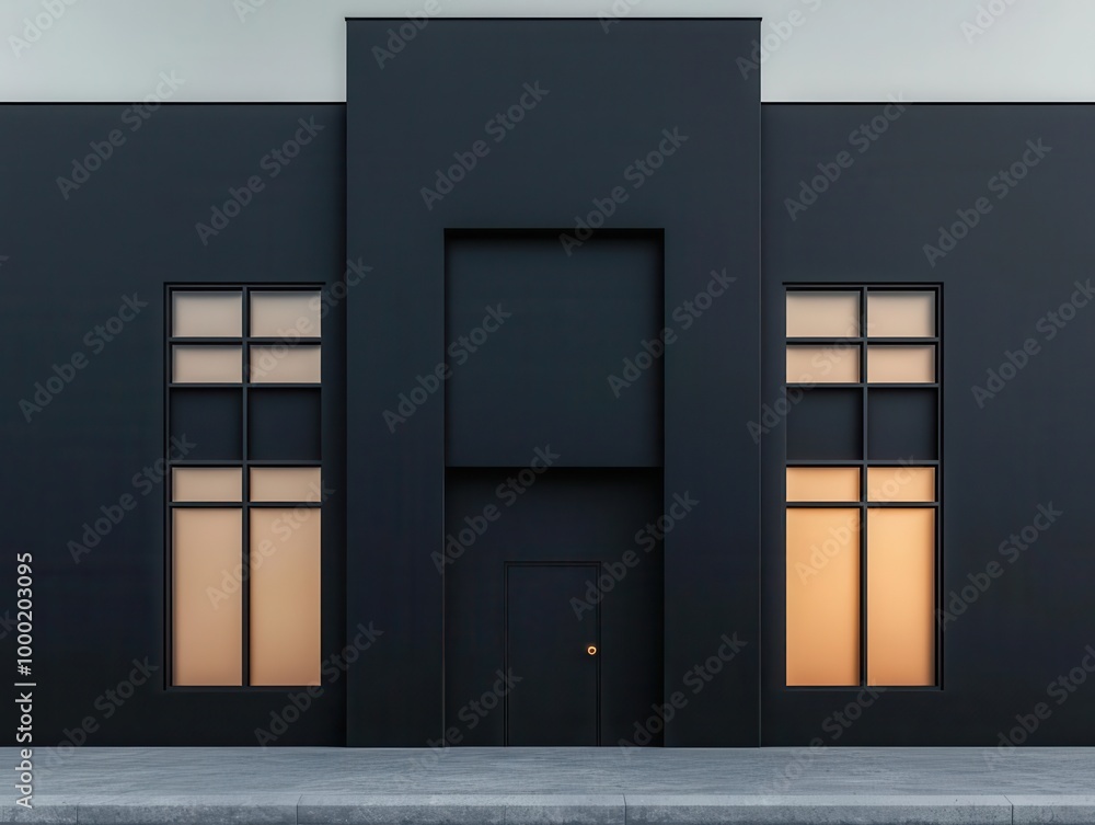 Bank building with a flat black facade, rectangular glass windows, and a simple metallic logo, Minimalist industrial, cool tones, high resolution Bank building with a flat black facade, rectangular glass windows, and a simple metallic logo, Minimalist industrial, cool tones, high resolution