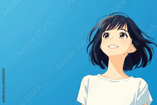 A cute girl with short hair wearing white shirt and looking at sky with blue background