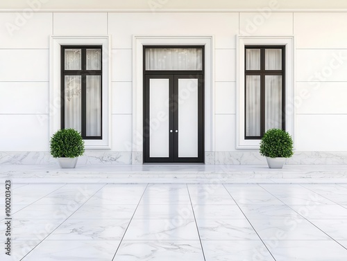 Bank facade with smooth white stone, simple geometric windows, and minimalist signage, Contemporary, clean lines, soft natural light