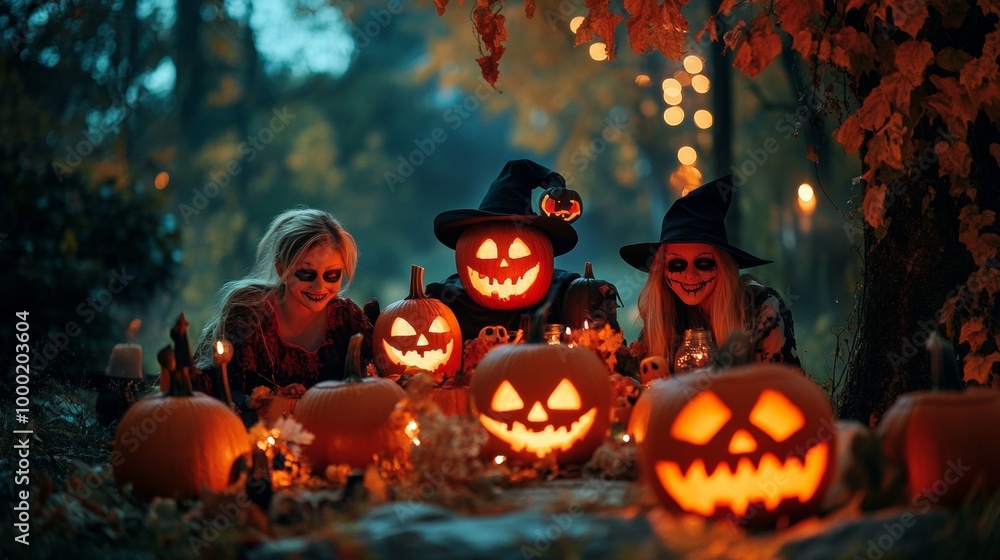 Naklejka premium A group of friends enjoying Halloween night outdoors, surrounded by glowing jack-o'-lanterns, candles, and autumn leaves.
