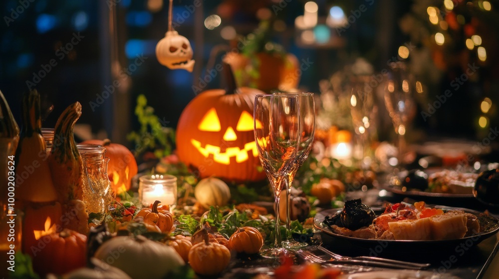 A festive Halloween table decorated with a glowing jack-o'-lantern, candles, pumpkins, and autumn leaves, creating a cozy atmosphere. A festive Halloween table decorated with a glowing jack-o'-lantern, candles, pumpkins, and autumn leaves, creating a cozy atmosphere.
