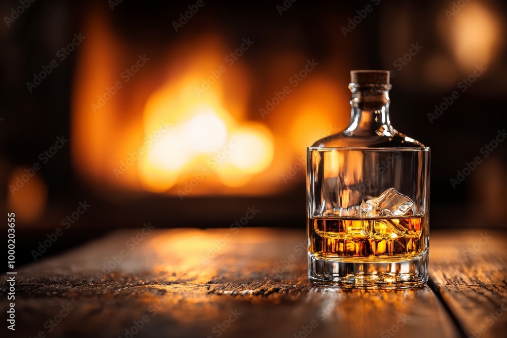A rustic scene of a whiskey bottle and glass placed on a wooden table next to a lit fireplace, creating a cozy, intimate atmosphere A rustic scene of a whiskey bottle and glass placed on a wooden table next to a lit fireplace, creating a cozy, intimate atmosphere