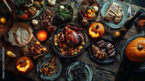 Halloween Feast Spread with Pumpkins and Roast Turkey