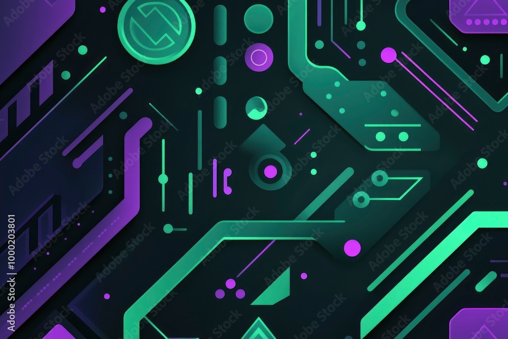 art of abstract pattern with green and purple lines on a black background, featuring geometric shapes, stripes, and dot shape art of abstract pattern with green and purple lines on a black background, featuring geometric shapes, stripes, and dot shape