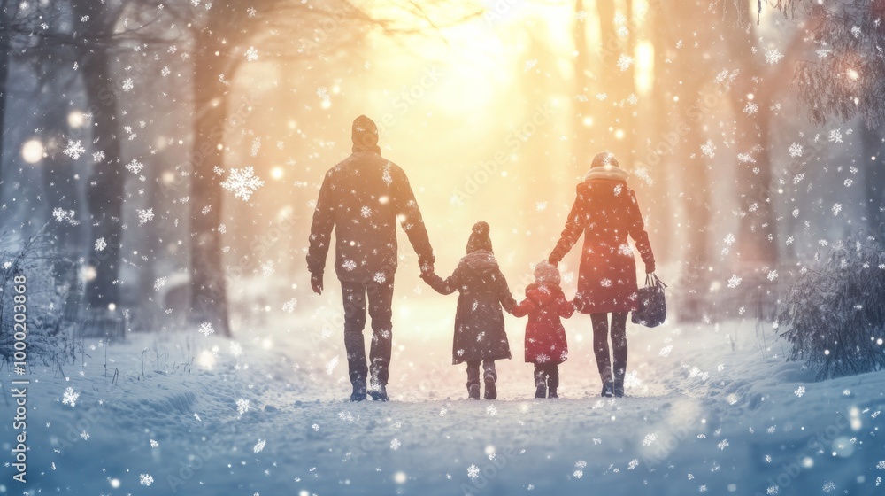 Obraz premium Family Walking Hand-in-Hand Through Snowy Forest