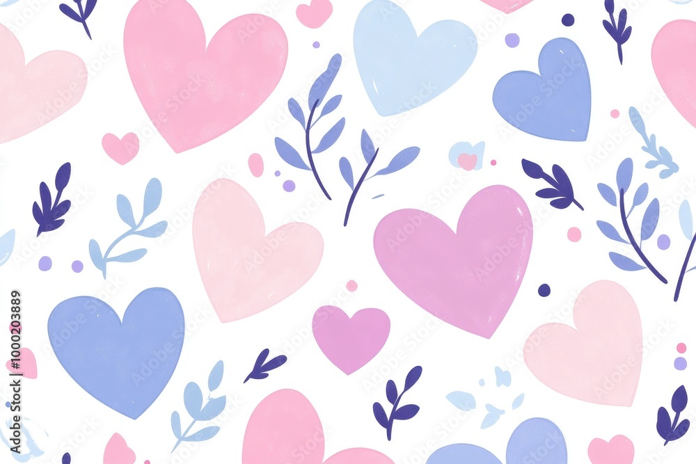Pastel pink, baby blue and purple heart, leaves pattern on a white background Pastel pink, baby blue and purple heart, leaves pattern on a white background