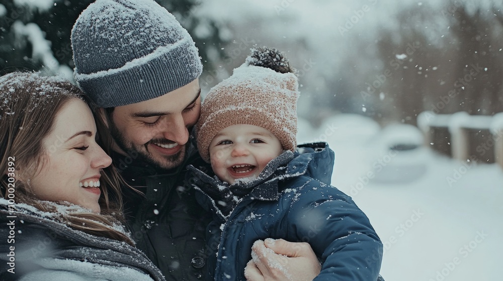 Smiling family of three enjoying a snowy day together, bundled up warmly in coats and hats. Smiling family of three enjoying a snowy day together, bundled up warmly in coats and hats.