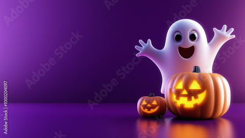 3D Illustration of a cute ghost and jack o lantern for halloween with a purple background.