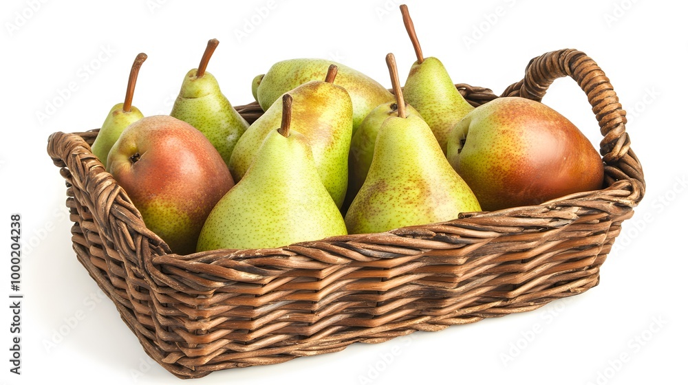 Realistic spread of fresh pears in a rustic wicker basket on a white background, emphasizing their smooth skin and varying shades of green and brown Realistic spread of fresh pears in a rustic wicker basket on a white background, emphasizing their smooth skin and varying shades of green and brown