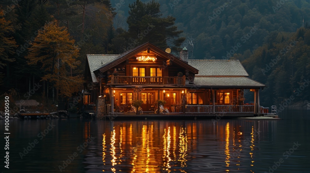 Fototapeta premium Night lights of a lake house in the mountains. Mountain lake house lights 