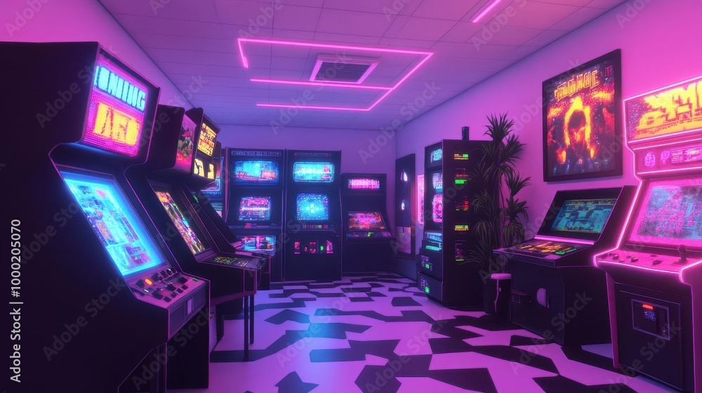 retro arcade room bathed in neon glow classic cabinet games pixelated wall art nostalgic 80s aesthetic lowpoly 3d rendering style retro arcade room bathed in neon glow classic cabinet games pixelated wall art nostalgic 80s aesthetic lowpoly 3d rendering style