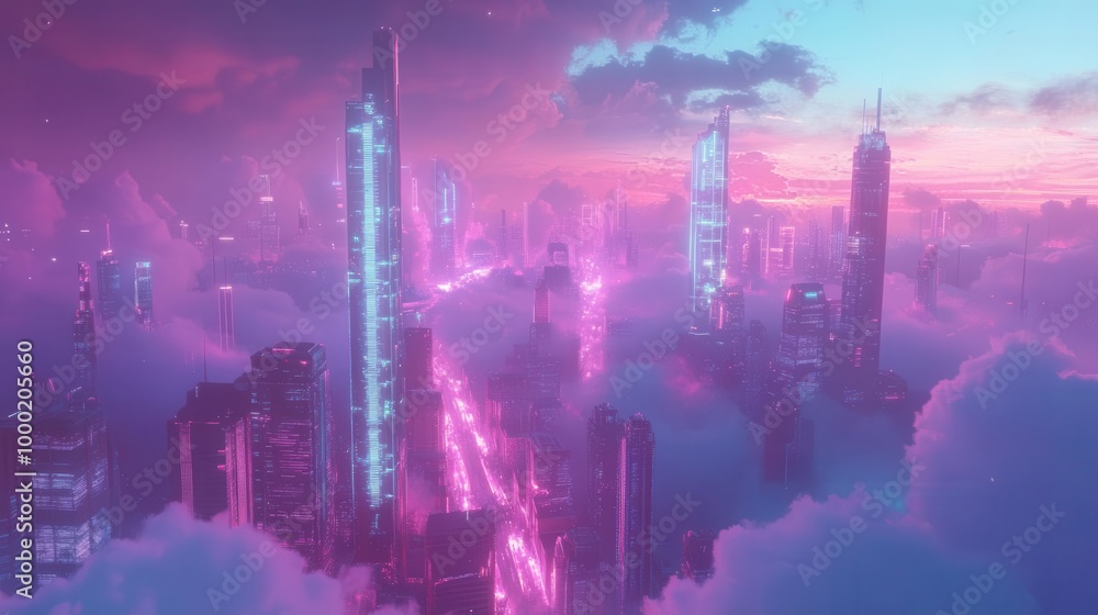 Fototapeta premium retrofuturistic cityscape bathed in neon hues cyberpunk aesthetic with towering skyscrapers piercing cotton candy clouds