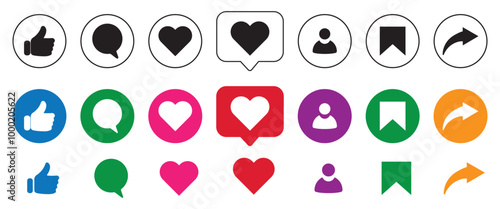 Set of Like, love, heart, thumb up, repost, comment, share, save, stories user button sign in circle and speech bubble shapes, emoji post reactions for social media
