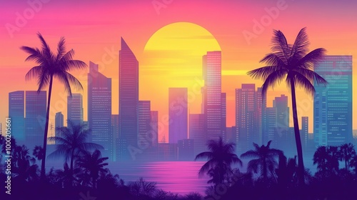retrofuturistic cityscape at sunrise neoncolored skyscrapers with art deco influence silhouettes of palm trees and gradient sky