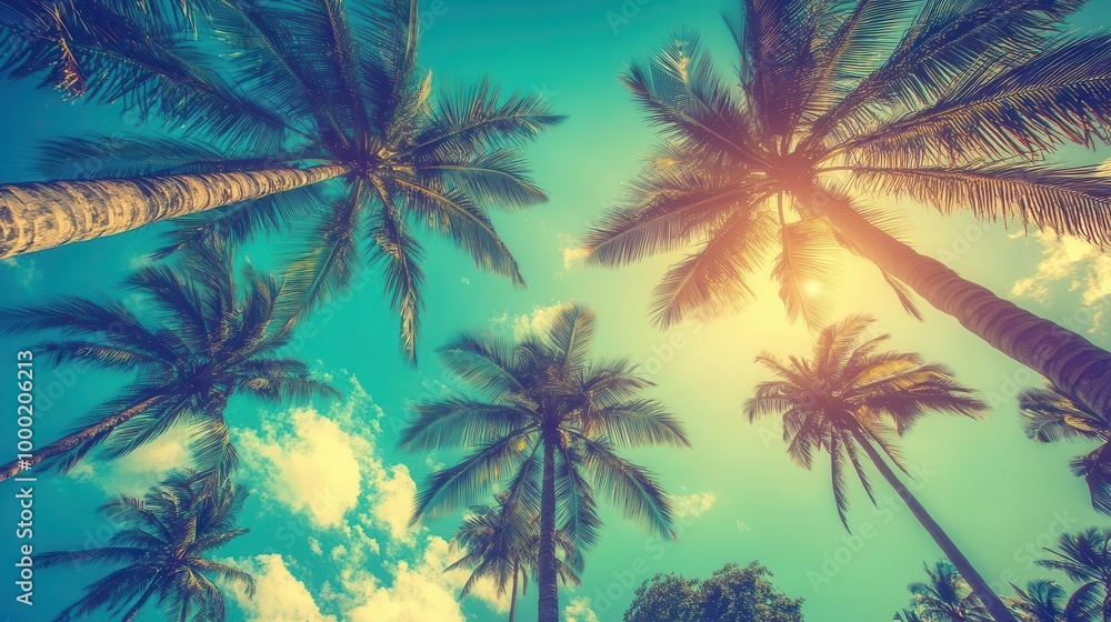 retrotinted skyward view of towering palm trees vibrant turquoise sky peeking through fronds sun flare adding dreamy quality evokes nostalgia for tropical getaways retrotinted skyward view of towering palm trees vibrant turquoise sky peeking through fronds sun flare adding dreamy quality evokes nostalgia for tropical getaways