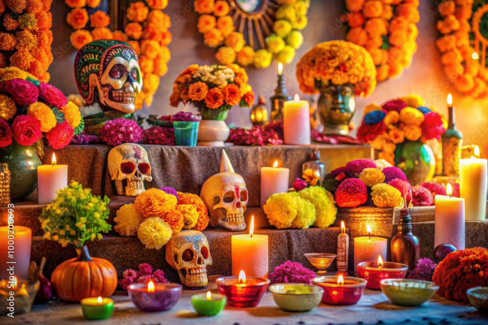 Fototapeta premium Vibrant altar adorned with colorful flowers and candles celebrating the Day of the Dead in a warm, inviting atmosphere. Generative AI