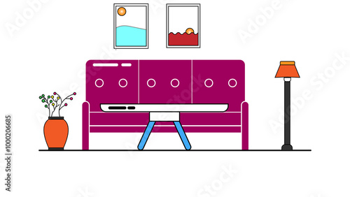 Modern interior design of Scandinavian apartment, living room with sofa, coffee table, flower vase, table lamp, wall met animation with white color background.