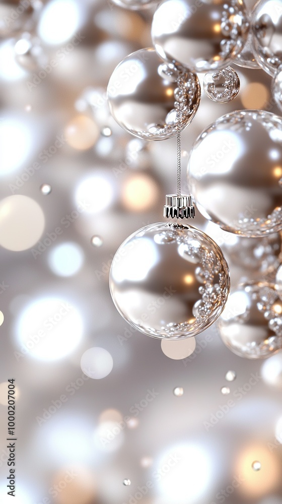 A Christmas ornament dangles from a string in front of shimmering balls and falling snowflakes A Christmas ornament dangles from a string in front of shimmering balls and falling snowflakes
