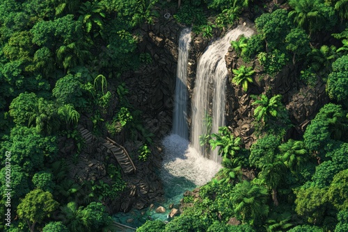 Lush Jungle Waterfall Cascading Through Rocky Cliffs
