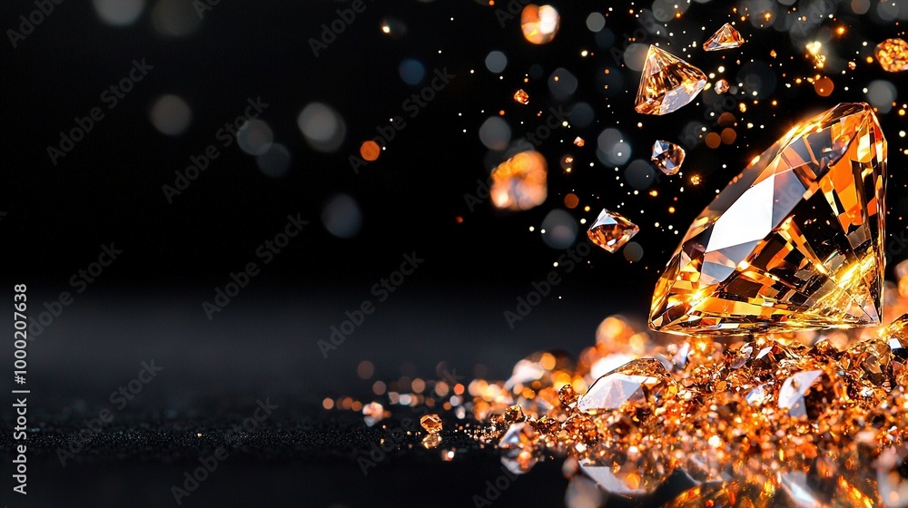 A close-up of an orange diamond on a black background, with gold flecks scattered throughout the scene A close-up of an orange diamond on a black background, with gold flecks scattered throughout the scene
