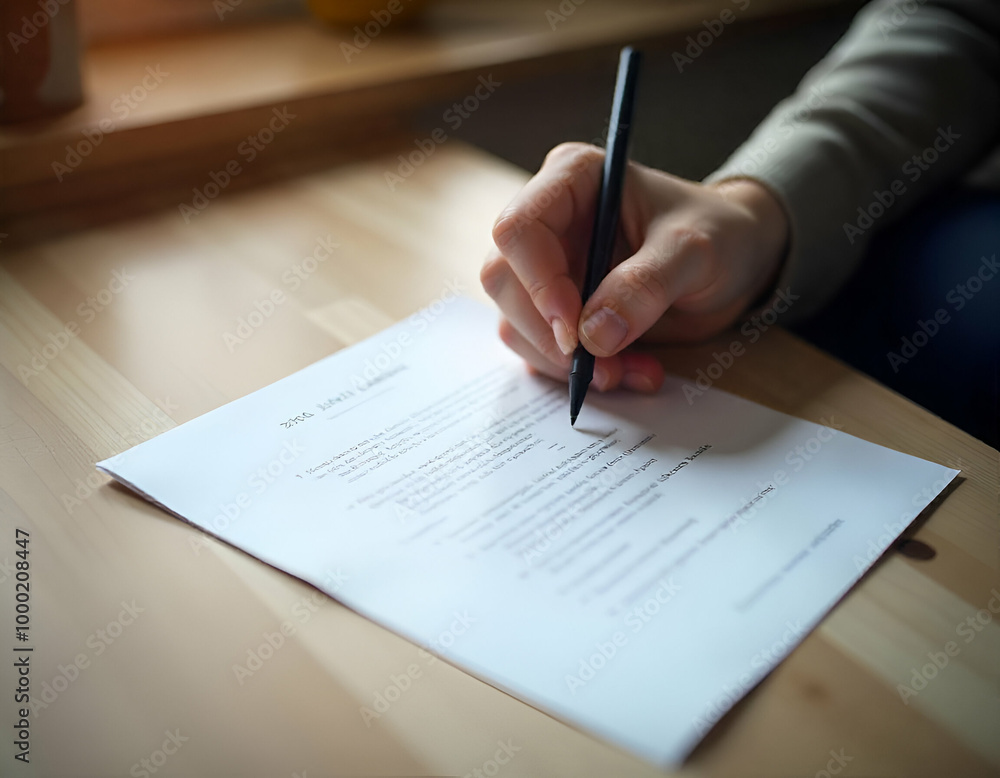 A person's hand writing on a document on a desk A person's hand writing on a document on a desk