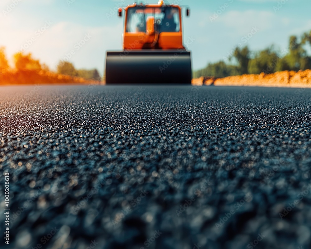 Modern road paving project where eco-friendly materials are being used, and autonomous machines are laying the asphalt under a bright sky, Sustainability, Digital Art Modern road paving project where eco-friendly materials are being used, and autonomous machines are laying the asphalt under a bright sky, Sustainability, Digital Art